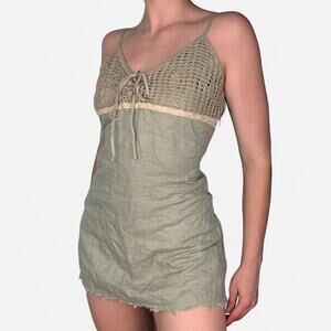 Camaieu green crochet lace top mini dress frayed hem boho - eu 38 / fits like S